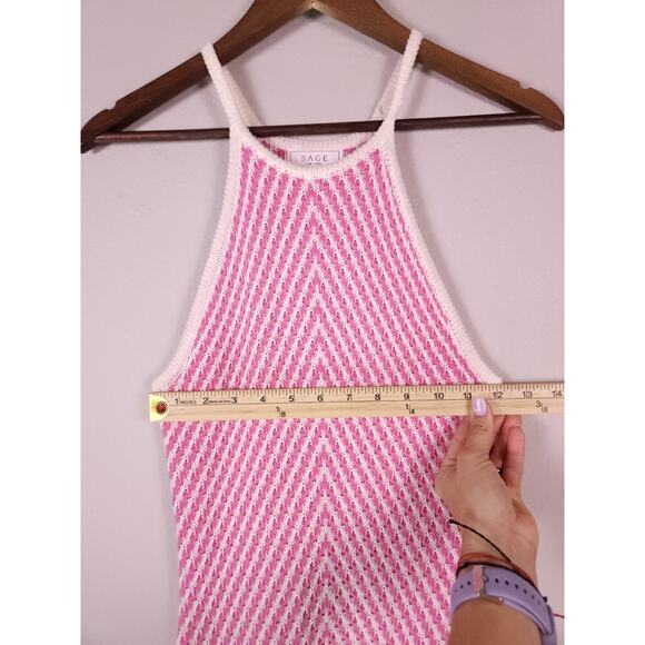 SAGE The Label Pink White Chevron Knit Halter Long Dress Size S Front Slit - Picture 4 of 11